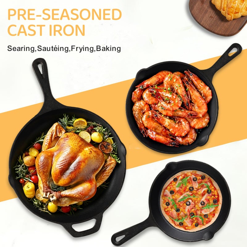 EWFEN Cast Iron Skillet 3-Piece Set, Heavy-Duty Professional Restaurant Chef Quality Pre-Seasoned Pan Cookware Set, 6", 8", 10" Pans For Frying, Saute, Cooking, Use Indoor/Outdoor, Oven, Grill - Image 2