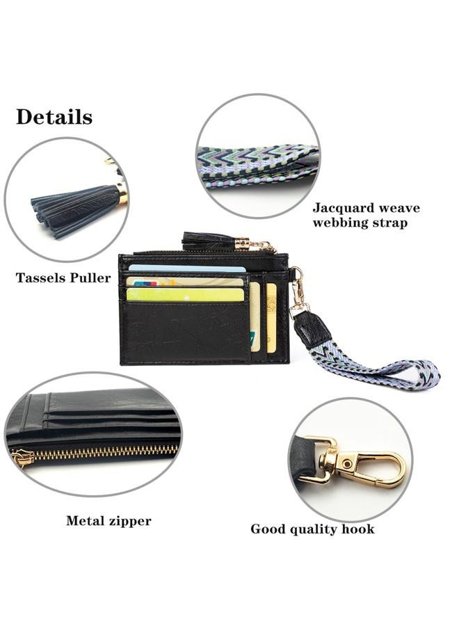 LIYSOYO Slim Card Holder Wallet For Women, RFID Leather Credit Card Wallet, Small Wallet Wristlet Coin Purse With Wrist Lanyard Strap and Hand Free Phone Tether Pad, Black, Slim Card Holder Wallet - Image 4