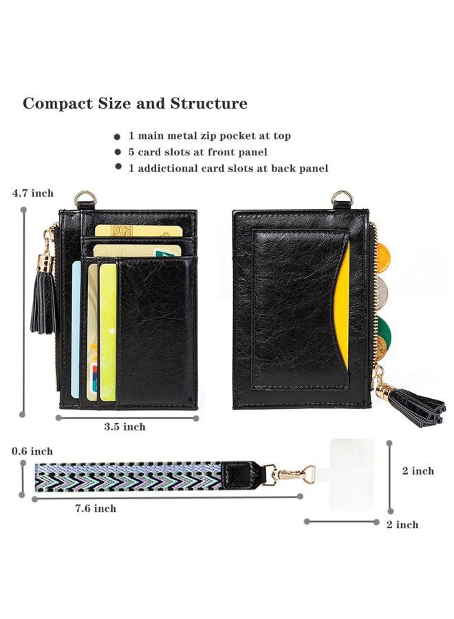 LIYSOYO Slim Card Holder Wallet For Women, RFID Leather Credit Card Wallet, Small Wallet Wristlet Coin Purse With Wrist Lanyard Strap and Hand Free Phone Tether Pad, Black, Slim Card Holder Wallet - Image 2
