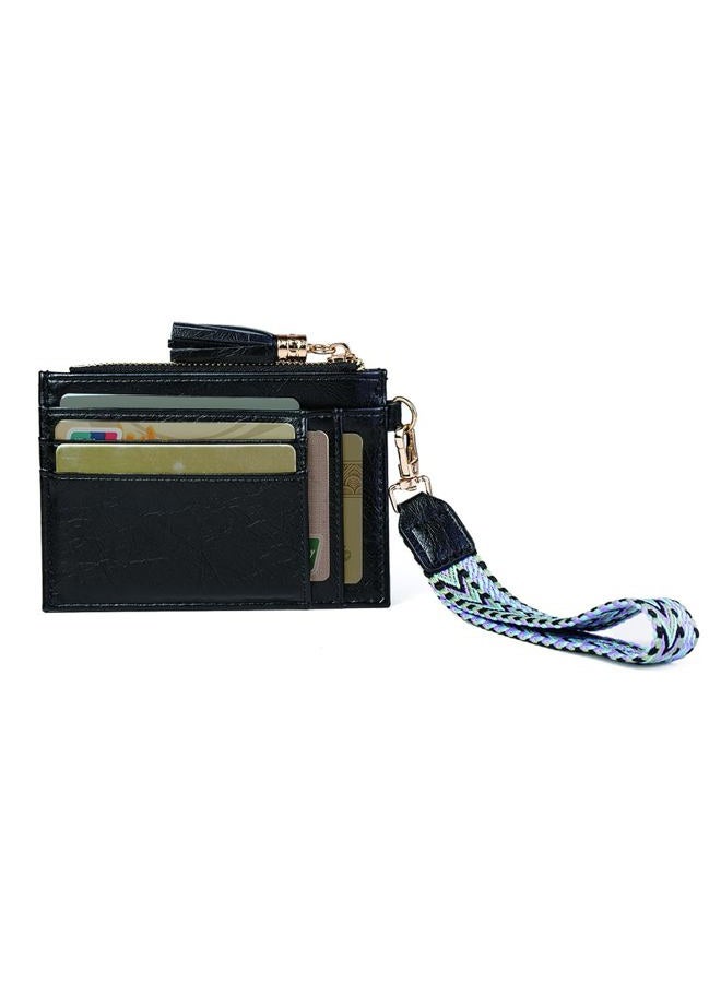 LIYSOYO Slim Card Holder Wallet For Women, RFID Leather Credit Card Wallet, Small Wallet Wristlet Coin Purse With Wrist Lanyard Strap and Hand Free Phone Tether Pad, Black, Slim Card Holder Wallet - Image 1