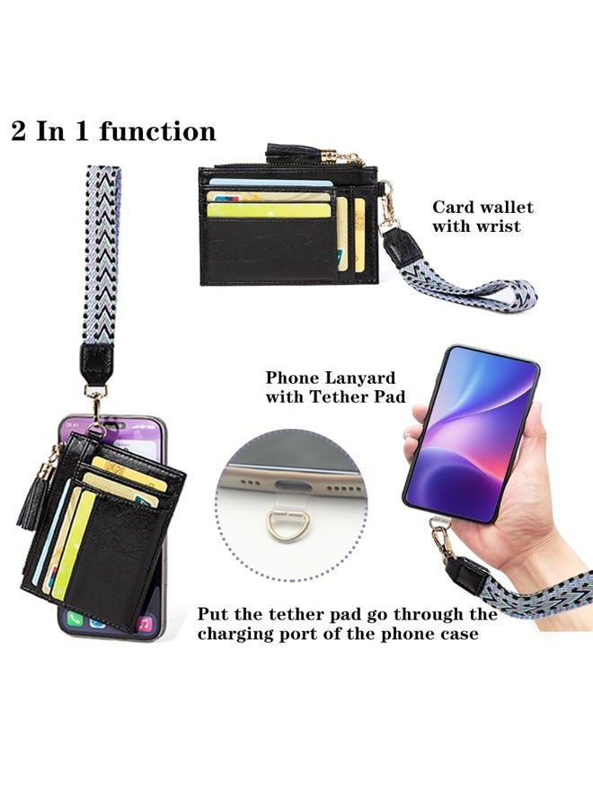LIYSOYO Slim Card Holder Wallet For Women, RFID Leather Credit Card Wallet, Small Wallet Wristlet Coin Purse With Wrist Lanyard Strap and Hand Free Phone Tether Pad, Black, Slim Card Holder Wallet - Image 3