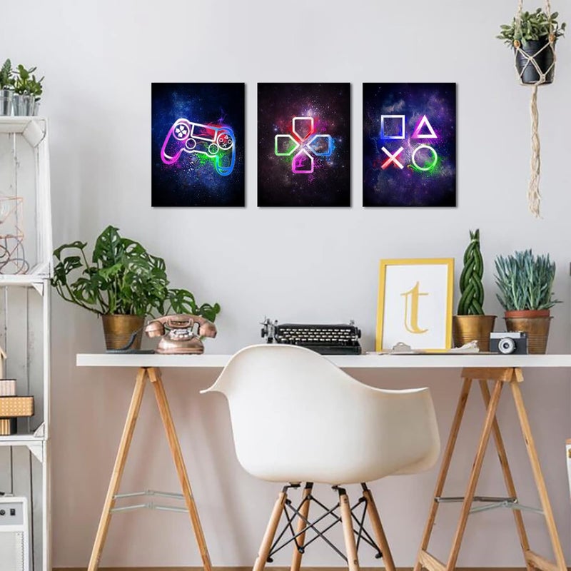 Visual Art Decor Video Game Room Wall Decor Cool Video Game Buttons Posters Pictures Gift for Boys Bedroom Room Decorations 3 Panels Canvas Playroom Paintings Prints Ready to Hang (Purple, 12x16x3 - Image 2