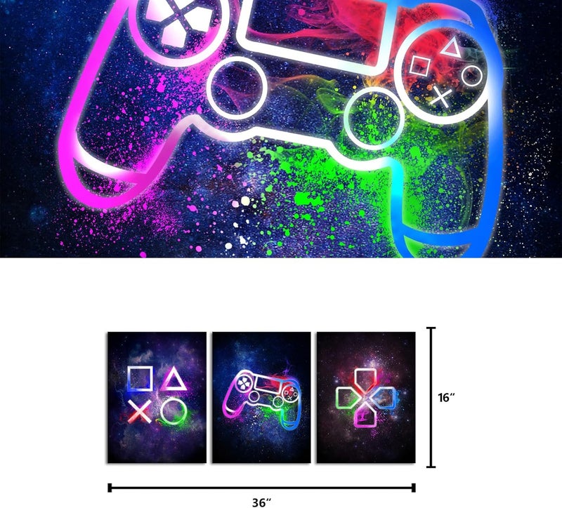 Visual Art Decor Video Game Room Wall Decor Cool Video Game Buttons Posters Pictures Gift for Boys Bedroom Room Decorations 3 Panels Canvas Playroom Paintings Prints Ready to Hang (Purple, 12x16x3 - Image 5