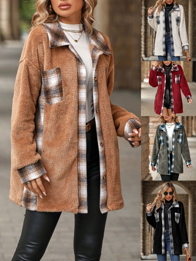 Women's Faux Fur Coat Plaid Long Sleeve Notched Lapel Single Breasted Winter Outerwear - Image 1