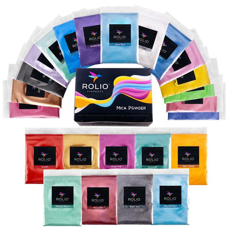 Rolio Mica Powder Pearlescent Color Pigment  Art Set for Resin Epoxy  for Soap Making Nail Polish Lip Gloss Eye Shadow Slime  Candle Jars  5g 24 Bags  Original Set