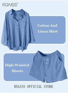 roaiss Women's Summer Two Pieces Set Solid Color Lapel Cotton Linen Shirt High-Waisted Shorts Set 2 Piece Lounge Set Button Down Long Sleeve Shirt + Stretchy Waist Shorts Loungewear  - Image 4