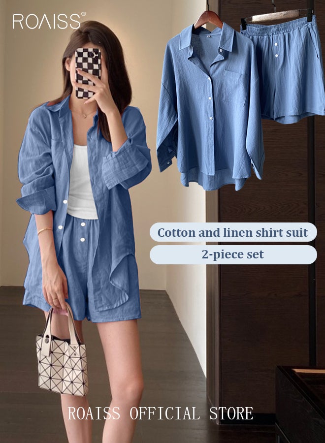 Women's Summer Two Pieces Set Solid Color Lapel Cotton Linen Shirt High-Waisted Shorts Set 2 Piece Lounge Set Button Down Long Sleeve Shirt + Stretchy Waist Shorts Loungewear