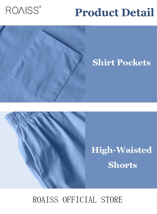 Women's Summer Two Pieces Set Solid Color Lapel Cotton Linen Shirt High-Waisted Shorts Set 2 Piece Lounge Set Button Down Long Sleeve Shirt + Stretchy Waist Shorts Loungewear