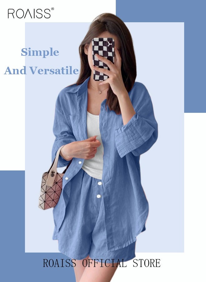 Women's Summer Two Pieces Set Solid Color Lapel Cotton Linen Shirt High-Waisted Shorts Set 2 Piece Lounge Set Button Down Long Sleeve Shirt + Stretchy Waist Shorts Loungewear
