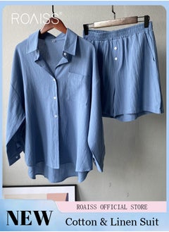 roaiss Women's Summer Two Pieces Set Solid Color Lapel Cotton Linen Shirt High-Waisted Shorts Set 2 Piece Lounge Set Button Down Long Sleeve Shirt + Stretchy Waist Shorts Loungewear  - Image 1