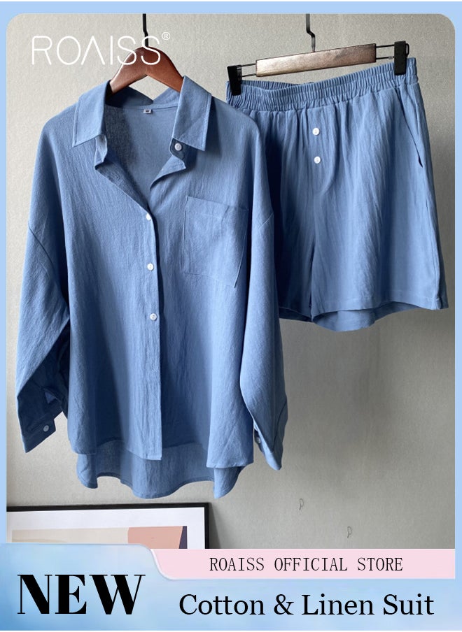 roaiss Women's Summer Two Pieces Set Solid Color Lapel Cotton Linen Shirt High-Waisted Shorts Set 2 Piece Lounge Set Button Down Long Sleeve Shirt + Stretchy Waist Shorts Loungewear  - Image 1