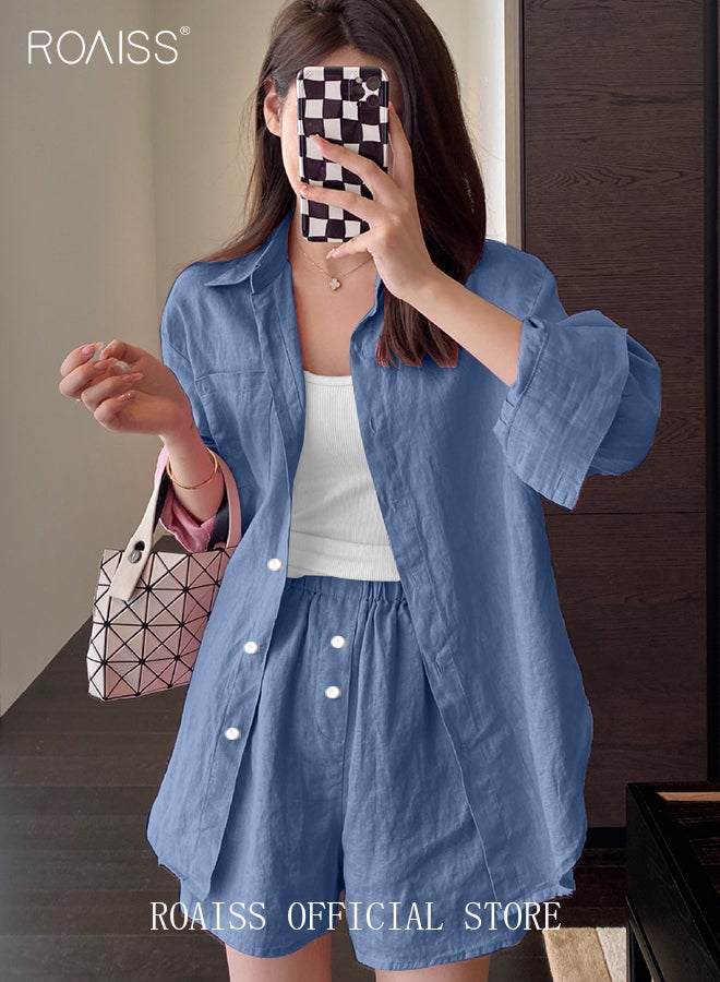 Women's Summer Two Pieces Set Solid Color Lapel Cotton Linen Shirt High-Waisted Shorts Set 2 Piece Lounge Set Button Down Long Sleeve Shirt + Stretchy Waist Shorts Loungewear