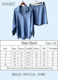roaiss Women's Summer Two Pieces Set Solid Color Lapel Cotton Linen Shirt High-Waisted Shorts Set 2 Piece Lounge Set Button Down Long Sleeve Shirt + Stretchy Waist Shorts Loungewear  - Image 5