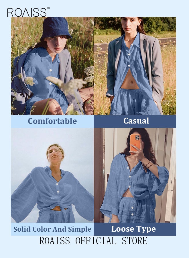 Women's Summer Two Pieces Set Solid Color Lapel Cotton Linen Shirt High-Waisted Shorts Set 2 Piece Lounge Set Button Down Long Sleeve Shirt + Stretchy Waist Shorts Loungewear