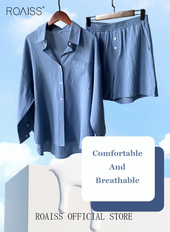 Women's Summer Two Pieces Set Solid Color Lapel Cotton Linen Shirt High-Waisted Shorts Set 2 Piece Lounge Set Button Down Long Sleeve Shirt + Stretchy Waist Shorts Loungewear