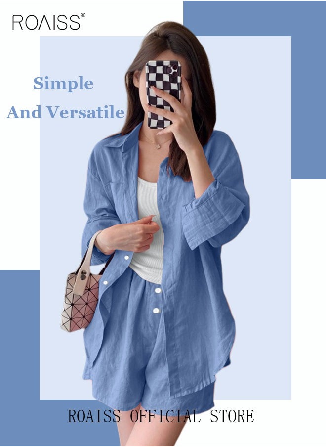 Women's Summer Two Pieces Set Solid Color Lapel Cotton Linen Shirt High-Waisted Shorts Set 2 Piece Lounge Set Button Down Long Sleeve Shirt + Stretchy Waist Shorts Loungewear - pzsku/Z3C509DB6A0206FAD1529Z/45/_/1705042920/dfdde18b-2807-453d-9c34-2b2ed664b7f3