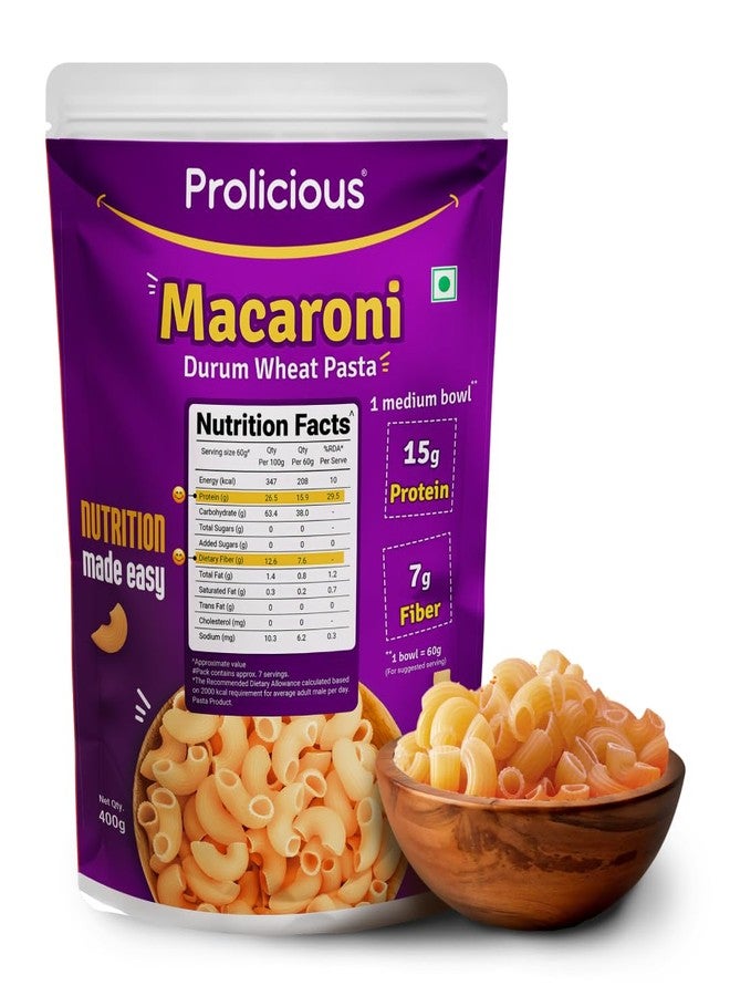 Prolicious Durum Wheat Macaroni Pasta | 2X Protein & High Fiber | No Maida | Plant Based | 400g - Image 1