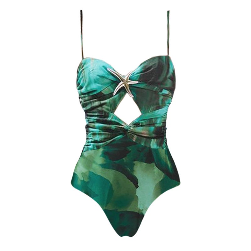 New Dark Green Printed Starfish Decorative One-Piece Swimsuit For Women - Image 1