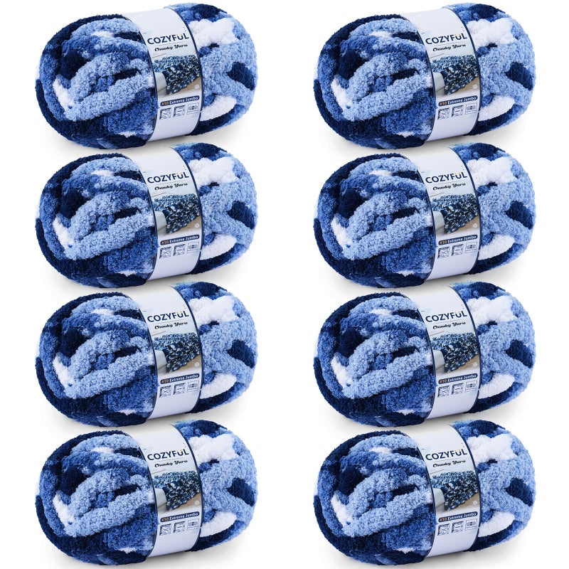 Cozyful Chunky Yarn for Hand Knitting - #10 Chunky Chenille Blanket Yarn, Jumbo Big Thick Chunky Yarns for Crocheting, Tie Dye Bulky Knit Yarns, 8 Skein (25 yds 8 oz Each Skein), Multi Blue & White - Image 1