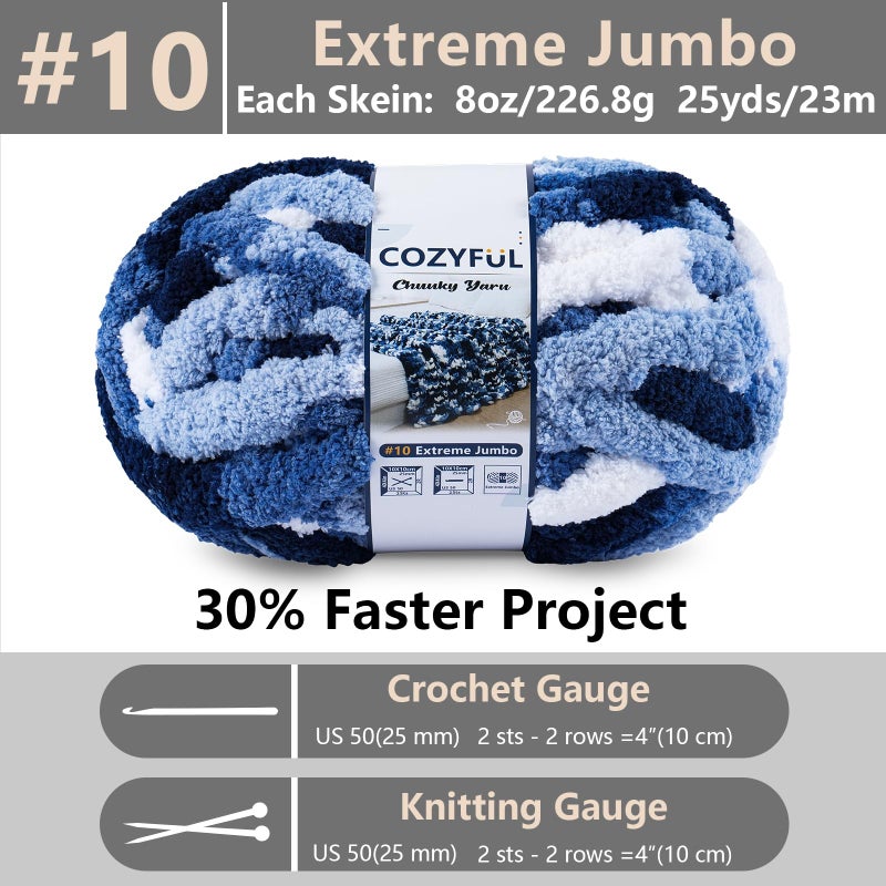 Cozyful Chunky Yarn for Hand Knitting - #10 Chunky Chenille Blanket Yarn, Jumbo Big Thick Chunky Yarns for Crocheting, Tie Dye Bulky Knit Yarns, 8 Skein (25 yds 8 oz Each Skein), Multi Blue & White - Image 2