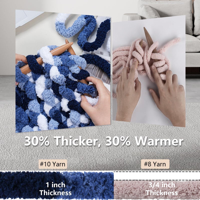 Cozyful Chunky Yarn for Hand Knitting - #10 Chunky Chenille Blanket Yarn, Jumbo Big Thick Chunky Yarns for Crocheting, Tie Dye Bulky Knit Yarns, 8 Skein (25 yds 8 oz Each Skein), Multi Blue & White - Image 3