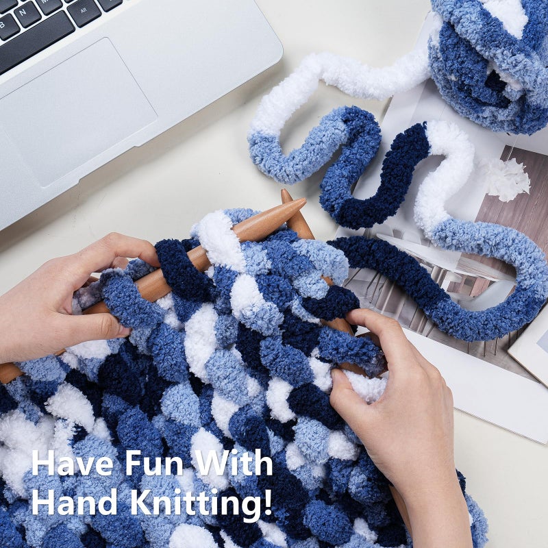 Cozyful Chunky Yarn for Hand Knitting - #10 Chunky Chenille Blanket Yarn, Jumbo Big Thick Chunky Yarns for Crocheting, Tie Dye Bulky Knit Yarns, 8 Skein (25 yds 8 oz Each Skein), Multi Blue & White - Image 5
