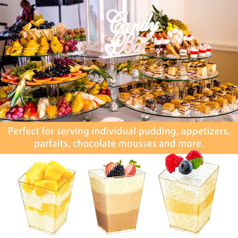 Qeirudu 5 oz Gold Glitter Mini Dessert Cups with Spoons - 50 Pack Plastic Parfait Cups Square Dessert Shooter Cups for Party Serving Pudding Cheesecake Mousse Jello - Image 4