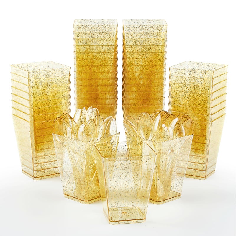 Qeirudu 5 oz Gold Glitter Mini Dessert Cups with Spoons - 50 Pack Plastic Parfait Cups Square Dessert Shooter Cups for Party Serving Pudding Cheesecake Mousse Jello - Image 3