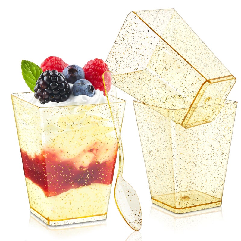 Qeirudu 5 oz Gold Glitter Mini Dessert Cups with Spoons - 50 Pack Plastic Parfait Cups Square Dessert Shooter Cups for Party Serving Pudding Cheesecake Mousse Jello - Image 1