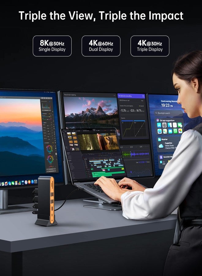 NOVOO 15-in-1 Vertical/Horizontal USB C Docking Station Triple Monitor - 8K@30Hz DP, Dual 4K@60Hz HDMI, 10Gbps USB-A/C, SD/TF, 1Gbps Ethernet,Dual Monitor Adapter Dock for MacBook, Windows Laptops - Image 3