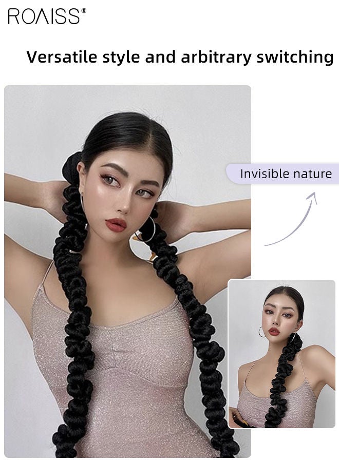 roaiss 2PCS Braided Ponytail for Women, Long Braided Wig Hair Extension with Hair Band Elastic Rubber Wrap Around, Natural Soft Braided Wig for Girls Women Party Daily Wear, Black, 60CM - Image 2