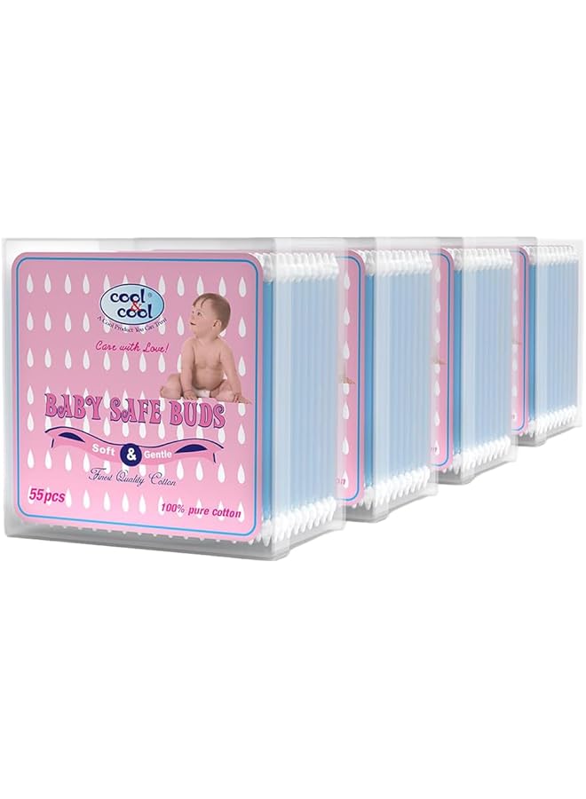 Cool & Cool Baby Cotton Buds 55'S (Pack Of 4) 100% Pure Cotton Baby Friendly Gentle Cleaning Ear Protection Safe Swabs For Delicate Baby Ears 220 Pieces