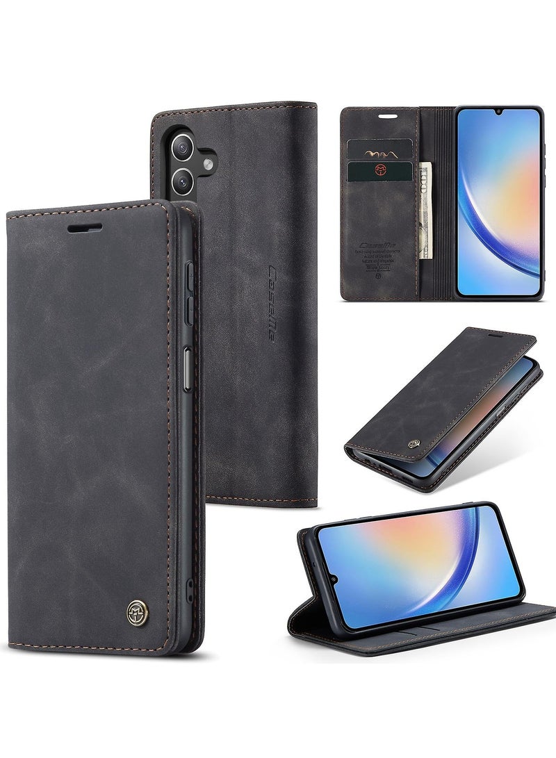 CaseMe Phone Case Luxury PU Leather Design 013 Flip Cover Card Slot Holder Cover For Samsung Galaxy A24 (Black) - Image 1