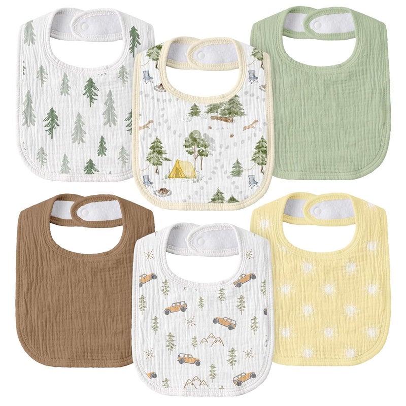 Muslin Drool Bibs for Boys Girls 6 Pack - Adjustable Baby Bibs for Drooling and Teething (Cross-country Adventure) - Image 1