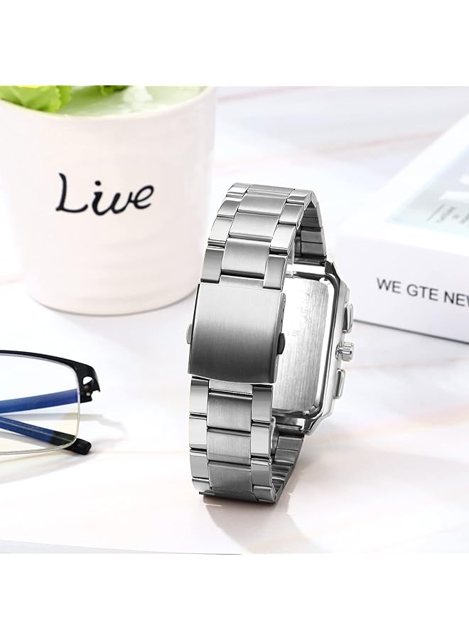 جوليري وي ساعات رجالية مربعة فاخرة من الفولاذ المقاوم للصدأ مع تقويم وتاريخ 30 مترًا ومقاومة للماء وساعة كوارتز تناظرية للرجال بسوار من الفولاذ المقاوم للصدأ مع قرص مستطيل وعقارب مضيئة - Image 3