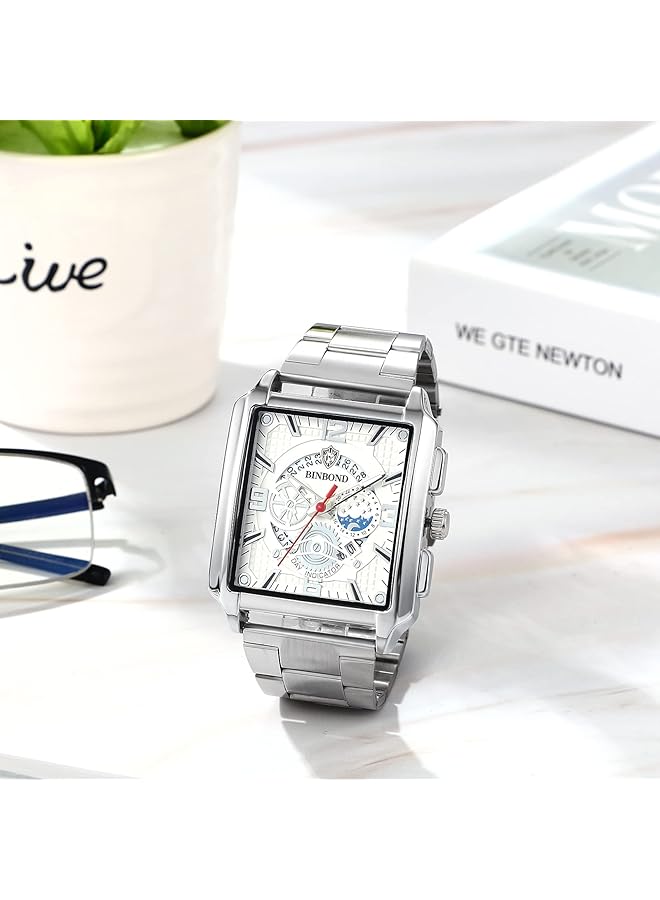 جوليري وي ساعات رجالية مربعة فاخرة من الفولاذ المقاوم للصدأ مع تقويم وتاريخ 30 مترًا ومقاومة للماء وساعة كوارتز تناظرية للرجال بسوار من الفولاذ المقاوم للصدأ مع قرص مستطيل وعقارب مضيئة - Image 4