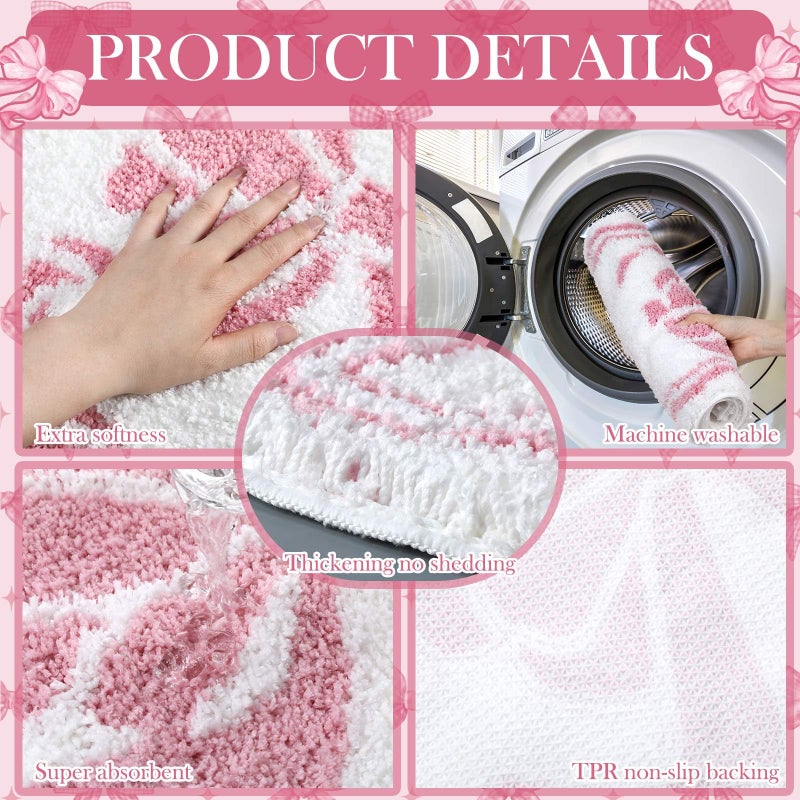 Fourluoo 18 Pcs Pink Bow Shower Curtain Set with 12 Decorative Shower Curtain Hooks Pink Bow Knot Bathroom Towels Coquette Non Slip Absorbent Microfiber Rug for Christmas Modern Aesthetic Bathroom - Image 5