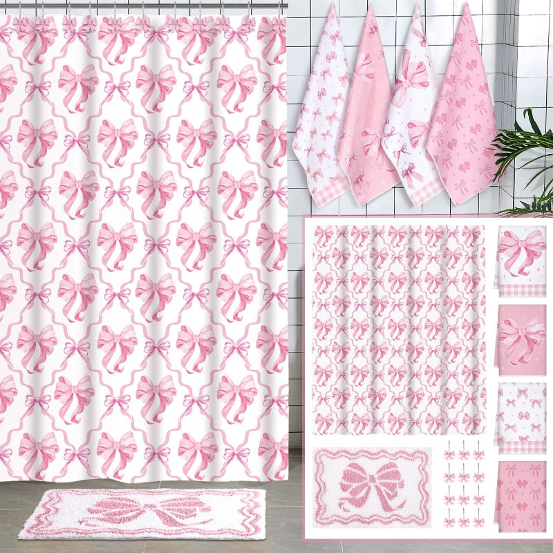 Fourluoo 18 Pcs Pink Bow Shower Curtain Set with 12 Decorative Shower Curtain Hooks Pink Bow Knot Bathroom Towels Coquette Non Slip Absorbent Microfiber Rug for Christmas Modern Aesthetic Bathroom - Image 1