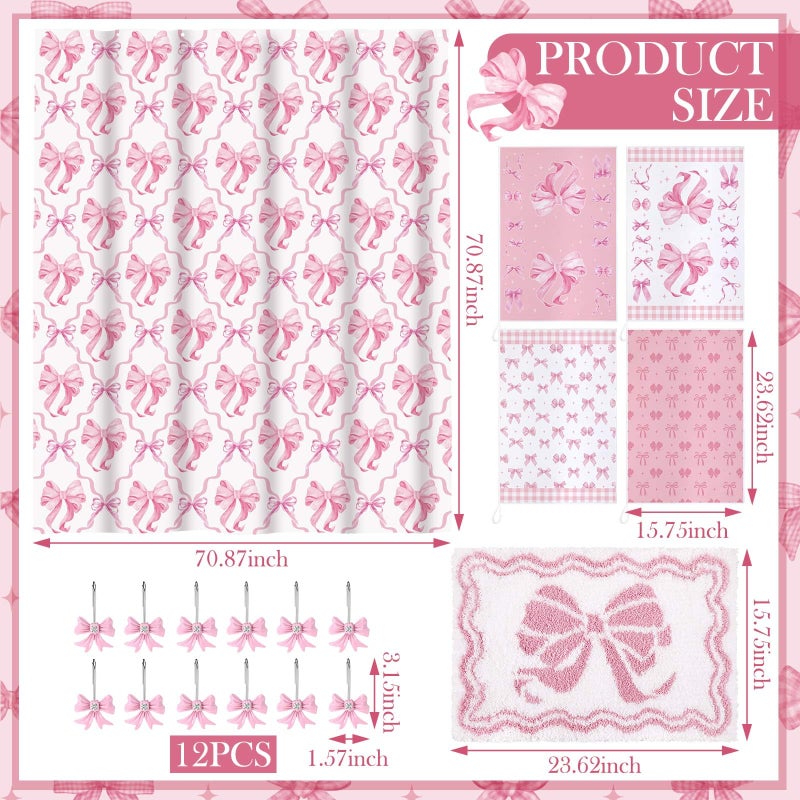 Fourluoo 18 Pcs Pink Bow Shower Curtain Set with 12 Decorative Shower Curtain Hooks Pink Bow Knot Bathroom Towels Coquette Non Slip Absorbent Microfiber Rug for Christmas Modern Aesthetic Bathroom - Image 3