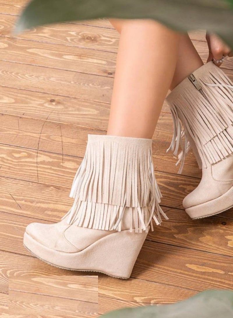 LIFESTYLISH Boot Wedge High-Heels Suede Bw-12 - Beige 