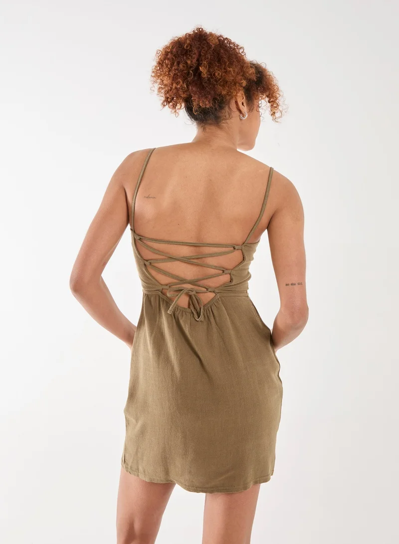 Pink Vanilla Linen Ruched Strappy Mini Dress