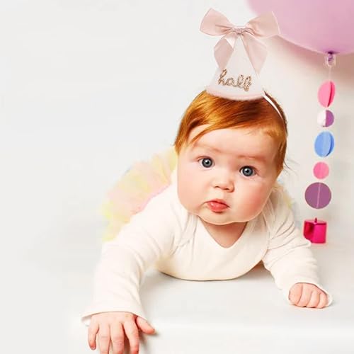 Jissoo Half Birthday Hat With Bow - Sweet 1/2 Birthday Party Decorations,Glitter Number Cone Hat Photo Props,Little Princess Pink Bow Party Hat,6 Months Cake Smash (Half) - Image 3