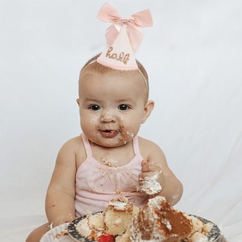 Jissoo Half Birthday Hat With Bow - Sweet 1/2 Birthday Party Decorations,Glitter Number Cone Hat Photo Props,Little Princess Pink Bow Party Hat,6 Months Cake Smash (Half) - Image 5