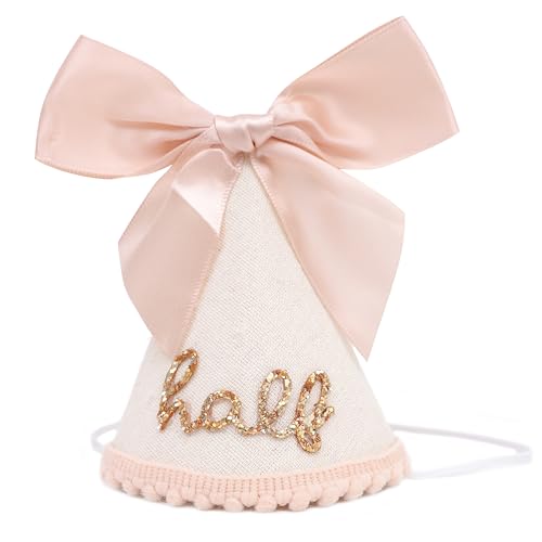Jissoo Half Birthday Hat With Bow - Sweet 1/2 Birthday Party Decorations,Glitter Number Cone Hat Photo Props,Little Princess Pink Bow Party Hat,6 Months Cake Smash (Half) - Image 1
