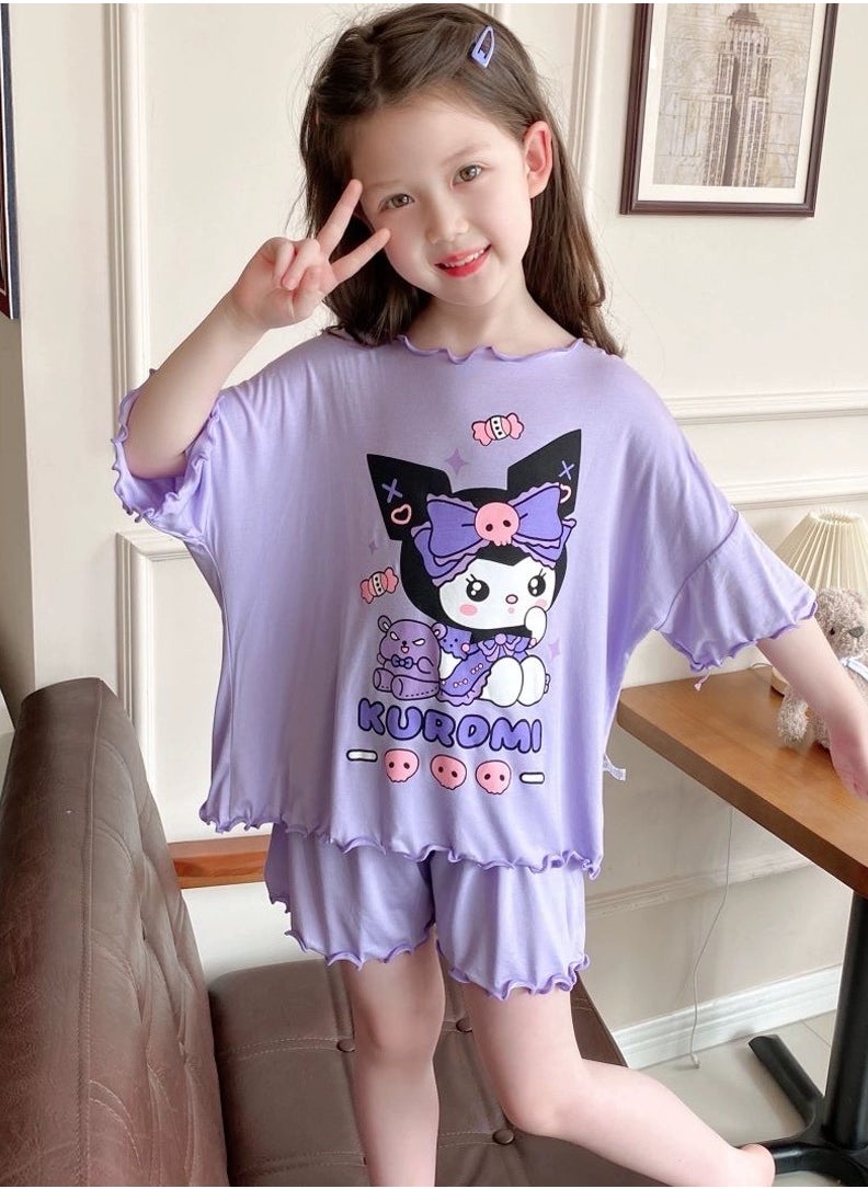 kuromi كولومي بيجامة بنات صيفي حرير ثلج رقيق بدلة تكييف ملابس باردة طقم ملابس نوم 2 قطعة 6-8 سنوات (130 سم)  - Image 4