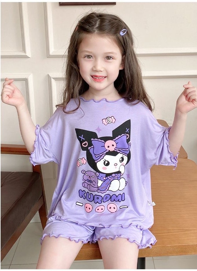 kuromi كولومي بيجامة بنات صيفي حرير ثلج رقيق بدلة تكييف ملابس باردة طقم ملابس نوم 2 قطعة 6-8 سنوات (130 سم)  - Image 5