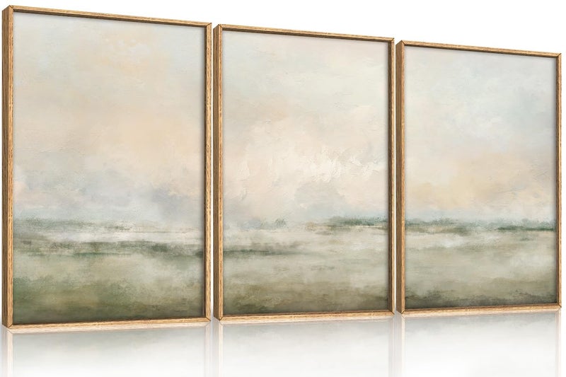 Aryroi Abstract Beige Green Landscape Framed Canvas Wall Art Set, Watercolor Natural Tan Wall Decor, Minimalist Neutral Modern Scenery Artwork for Living Room, Bedroom,Farmhouse- 24"x36"x3 - Image 1