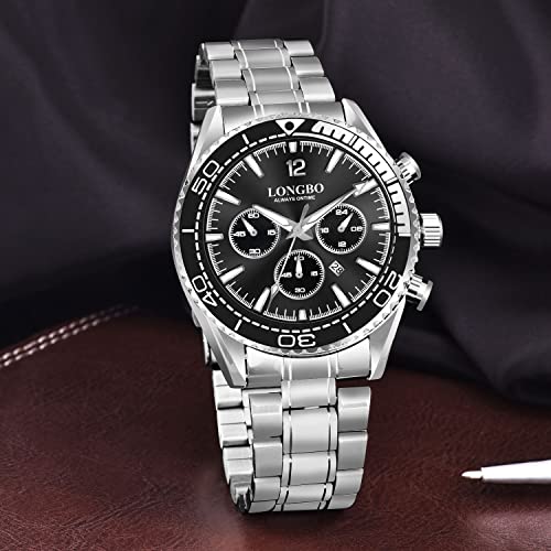 LONGBO Men's Watches Luxury Fashion Casual Dress Waterproof Quartz Analogue Wristwatches for Men Stainless Steel Band | Birthday Anniversary Gift for Men (Black-Black) - Image 2