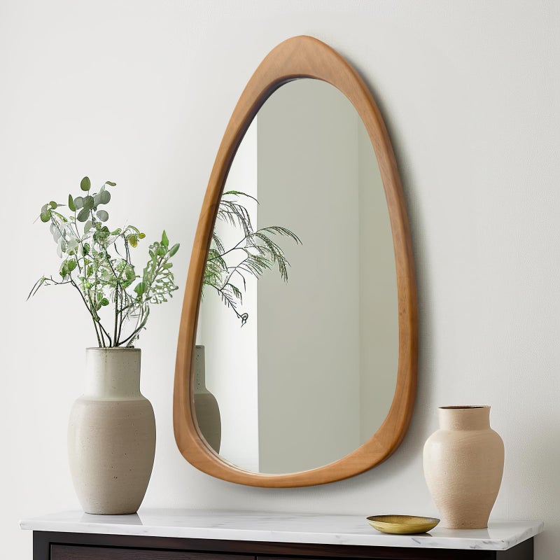 sawsile Irregular Wall Mirror for Bathroom,Wood Asymmetrical Rustic 19.5 x 30.5 inch Farmhouse Vanity Unique Walnut Decorative Large Mirror for Entryway,Bedroom,Living Room,Washroom - Image 1