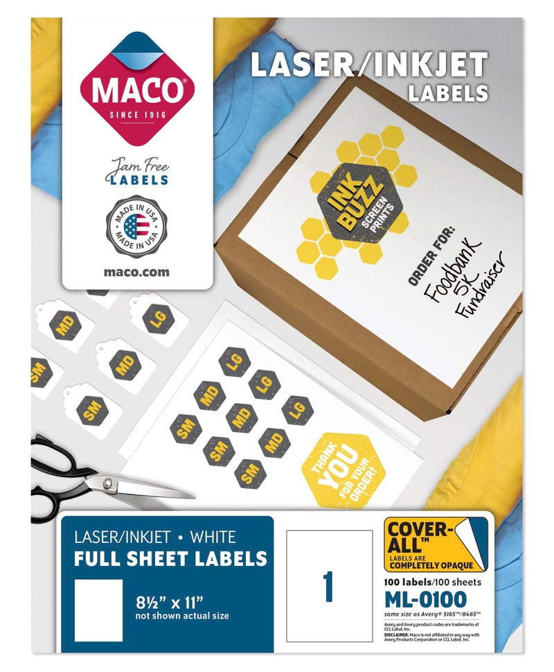 MACO Laser/Ink Jet White COVER-ALL Full Sheet Labels, 8-1/2" x 11", 1 per Sheet, 100 per Box (ML-0100) - Image 1